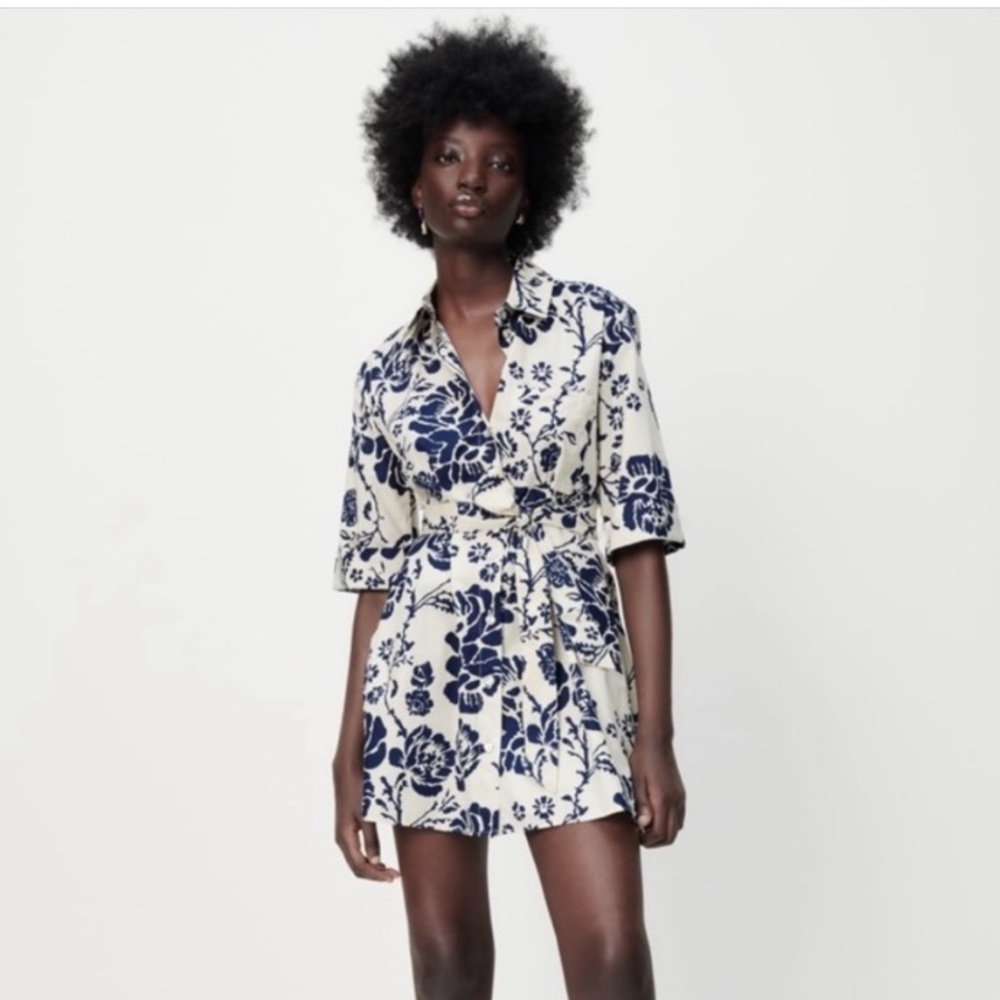 Zara Cream Navy Floral Short Dress Medium